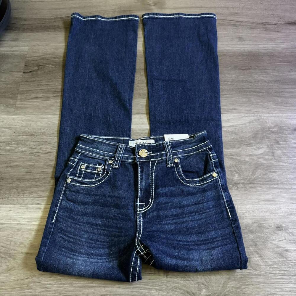 ੈ✩‧₊˚y2k style dark wash embroidered rhinestone pocket midrise bootcut jeans - Picture 2 of 7